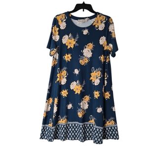 NEW LOFT Medium Navy Blue Floral Print Short Sleeve Pullover A-Line Shift Dress